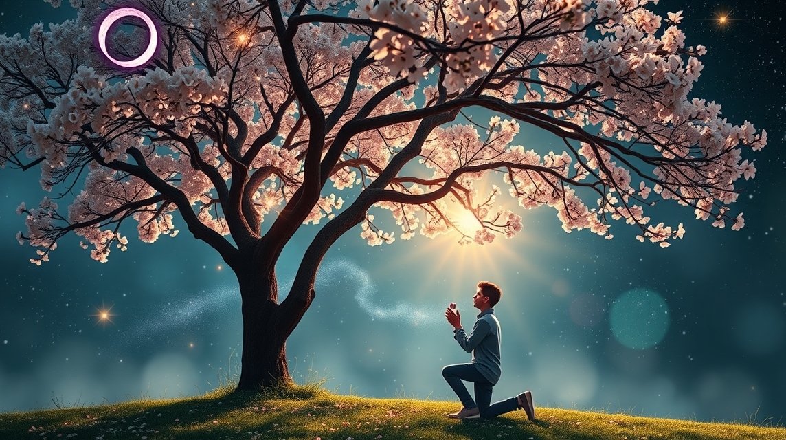 Egy fiatal férfi térdel egy virágzó fa alatt, lánykérés pillanata.