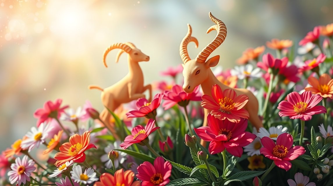 Kos és Bika figurák virágzó tavaszi virágok között.