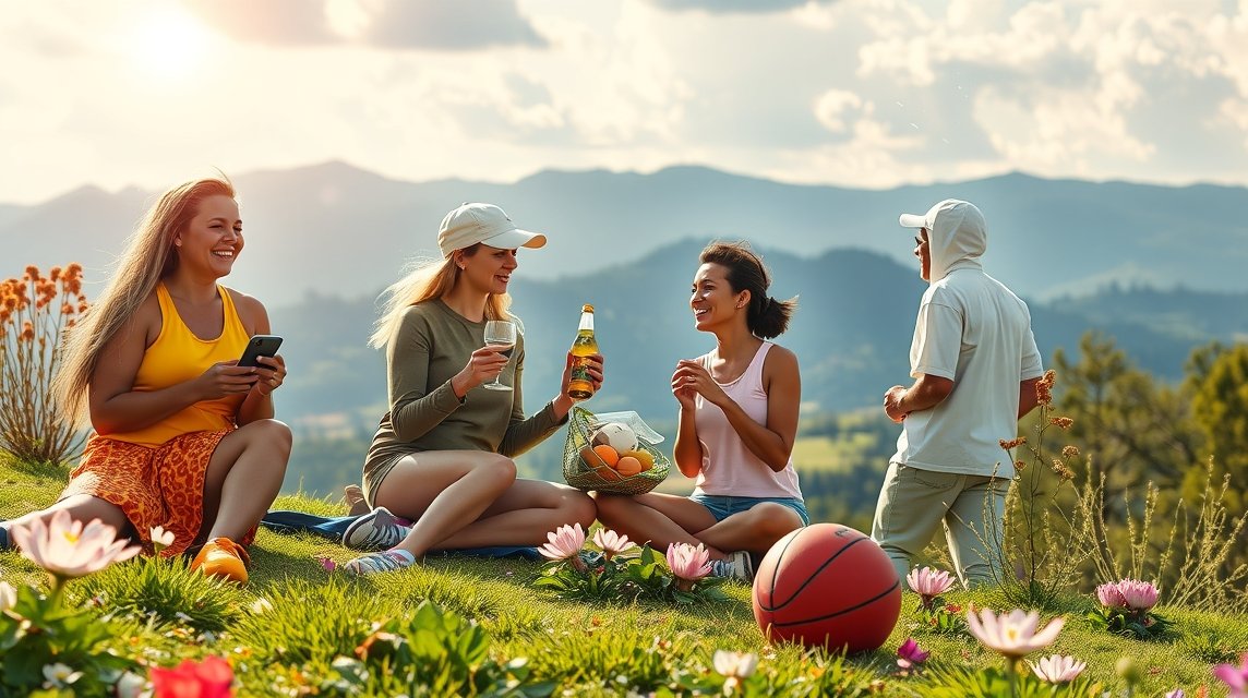 Tavaszi pihenés barátokkal természetben, egészséges ételek és sport