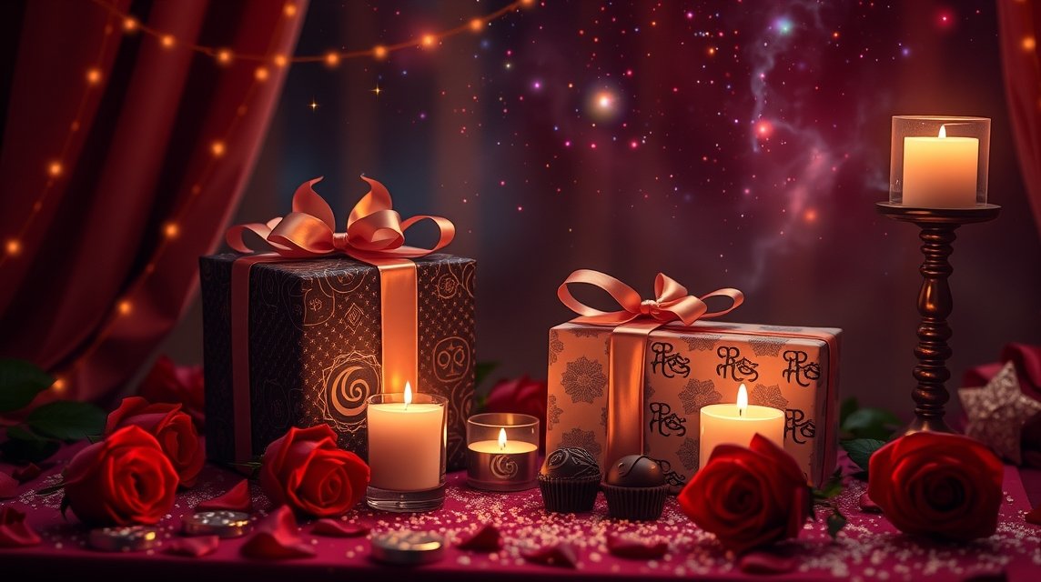 Valentin-napi ajándékok és gyertyák romantikus környezetben