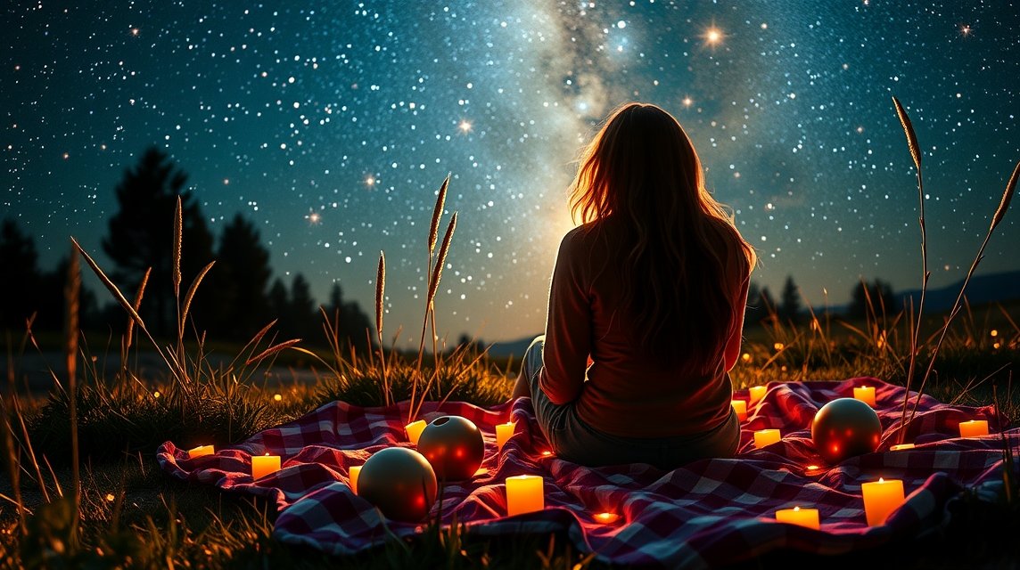 Nő csillagos ég alatt, tele gyertyákkal és gyümölcsökkel ülve