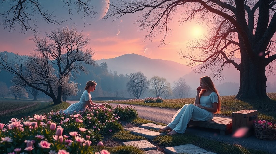 Két nő a virágok között tavaszi tájban, romantikus hangulatban.